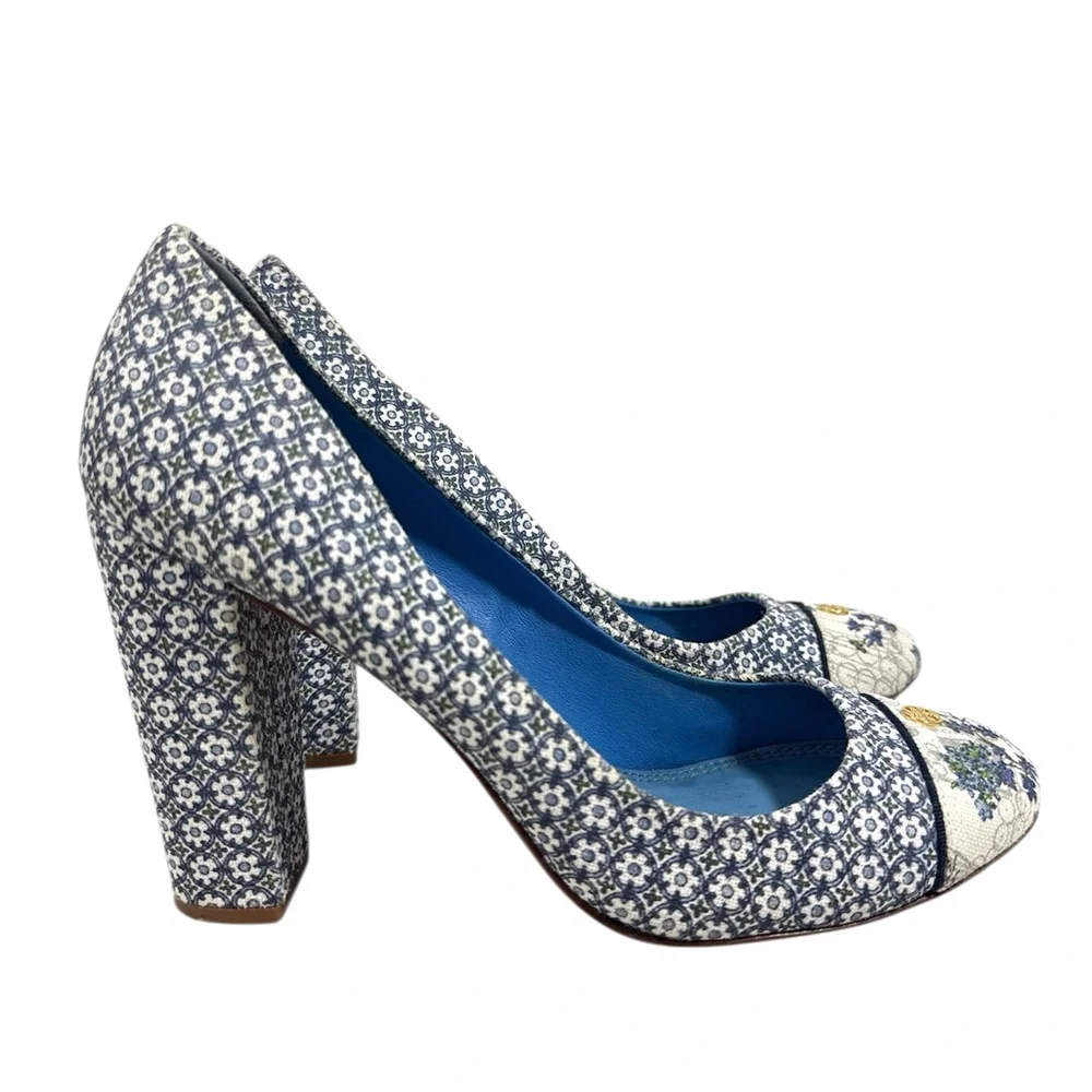 Tory Burch Ethel Block Heels Blue Canvas Grosgrain Floral Leather Size 10